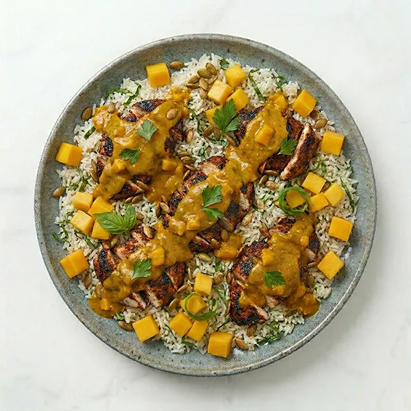 Spiced Mango Chicken Curry With Coconut Basil Rice